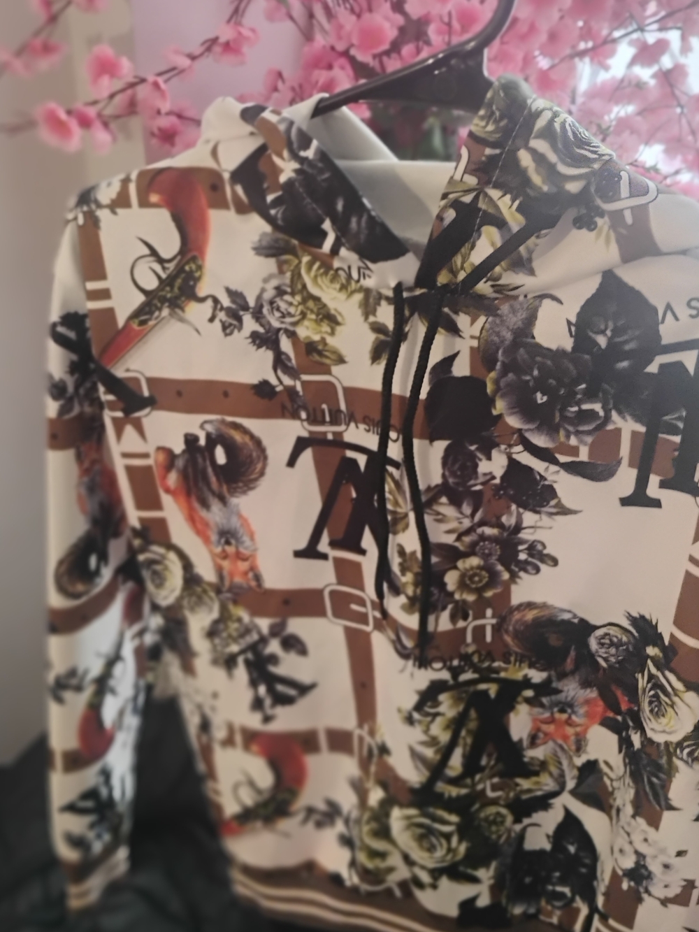 Floral Print Drawstring Hoodie - White & 🤎 brown Monogram 🦊🌿Lv